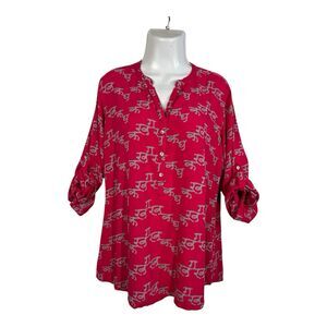 UTSA Blouse Women's XXL Magenta Henley V Neck Roll Tab Sleeve Gray Script Print